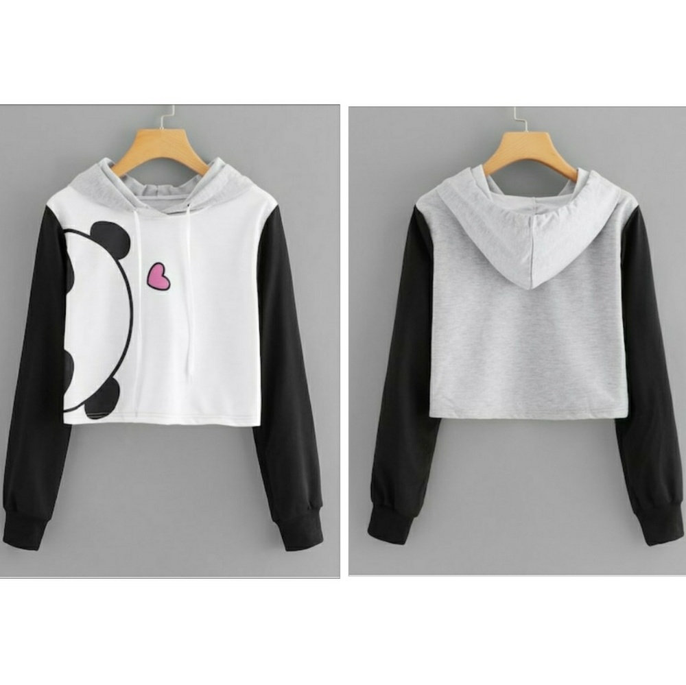 Panda Drawstring Crop Pullover Hoodie